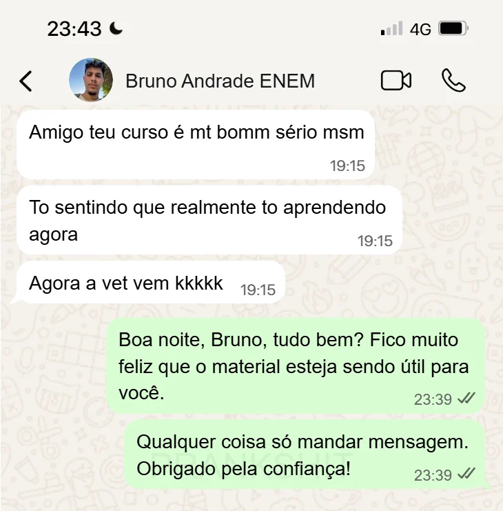 Conversa no WhatsApp: aluno diz que está realmente aprendendo