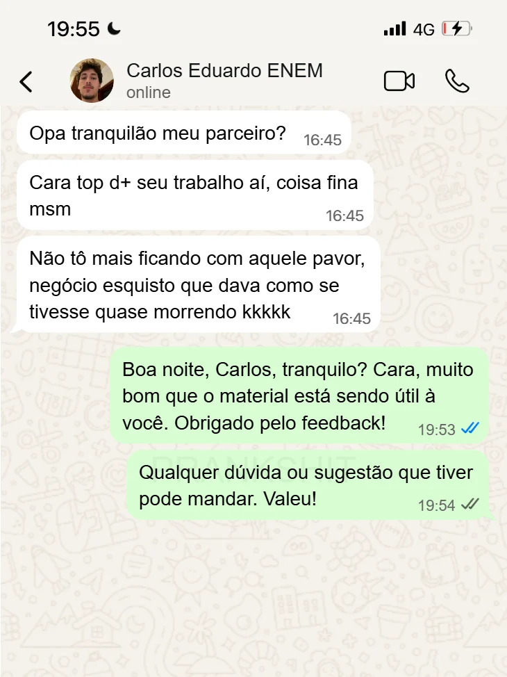 Conversa no WhatsApp: aluno diz que não fica mais com pavor de redação