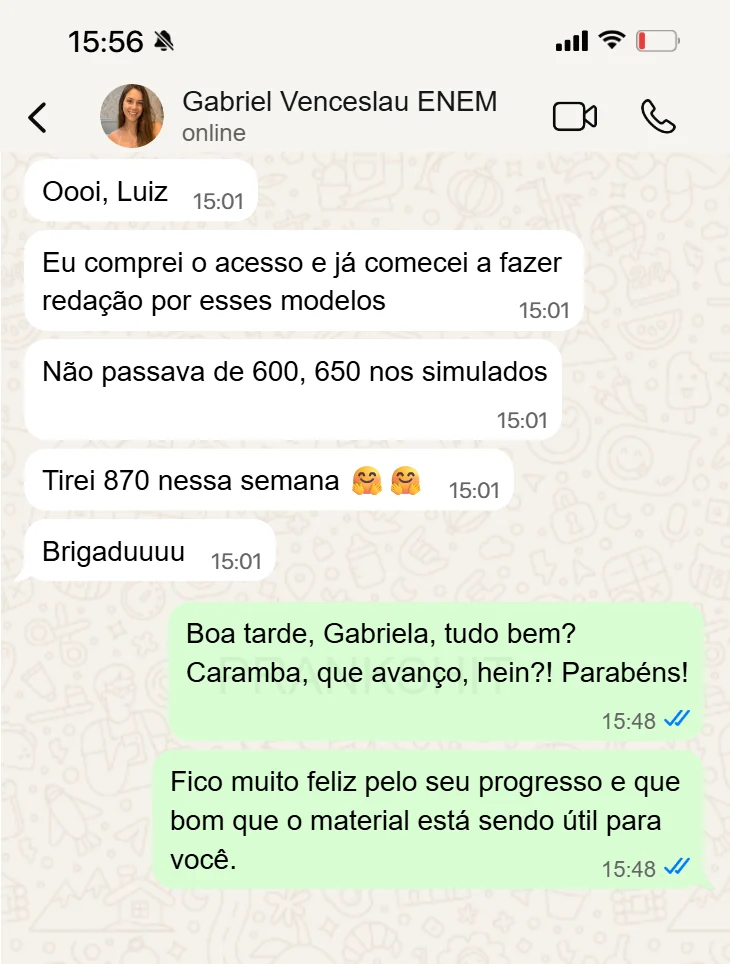 Conversa no WhatsApp: aluna conta que não passava de 650 nos simulados e tirou 870 na semana