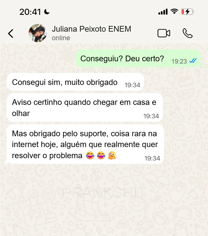 Conversa no WhatsApp: aluna agradece o suporte